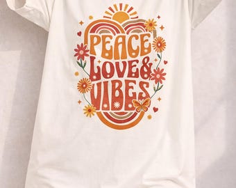 Retro shirt Peace Love Vibes, jaren 70 Groovy Rainbow Sun-shirt met print