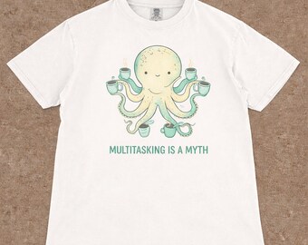 Octopus-koffieshirt: multitasking-mythe, retro barista-shirt met print