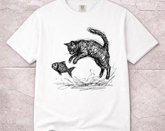 T-shirt Cat Scribble Line Art | Minimalistische illustratie van een springende kat