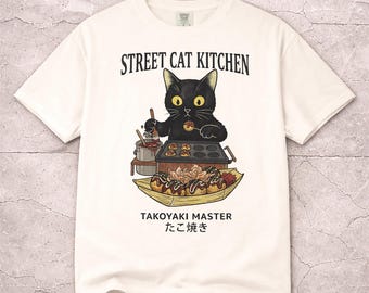 Street Cat Kitchen Takoyaki Master T-shirt | Black Cat Chef Japans T-shirt