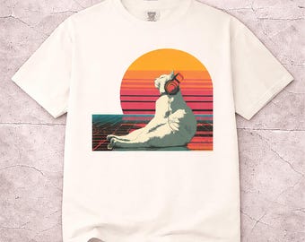 Synthwave-shirt retro kat met koptelefoon | Vaporwave T-shirt zonsondergang