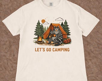Retro campingkat grafisch T-shirt, leuk kampvuurkatshirt, grappig cadeau voor natuurliefhebber buiten, Lets Go camping-T-shirt