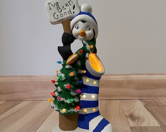 Penguin decor, penguin lover, ceramic penguin, lighted figurine, cute penguin, Christmas Stocking