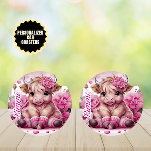 Custom Ceramic Car Coaster, Pink Highland Cow with Hearts & Flowers, Cork-Backed, Valentine Gift for Her, Set of 2