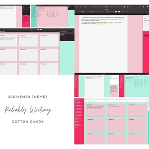 May include: A pink and teal Scrivener theme called "Cotton Candy" for reliably writing. The theme features a light pink background with teal accents and a white text font. The theme includes a variety of features, such as a project view, a writing view, and a research view.