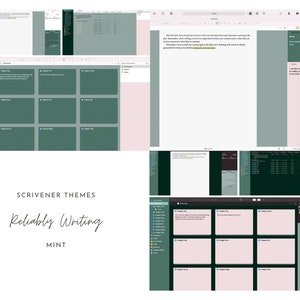 Könnte beinhalten: Ein mintgrünes Scrivener-Thema für Autoren namens "Reliably Writing". Das Thema verfügt über eine hellgrüne Seitenleiste mit einer Liste von Kapiteln und einen hellrosa Schreibbereich.