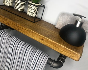 Industrial Steampunk combined towel rail & shelf | Rustic shelf, pipe, pipe work, scaffold, steel