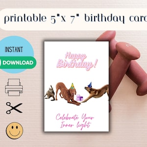 Download digital de cartão de aniversário para impressão Yoga Comemore sua luz interior! Engraçado Animais Legais Cães Yogie Lindo gesto PDF JPEG