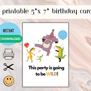 Tarjeta de cumpleaños de descarga digital ¡Esta fiesta va a ser SALVAJE! Animales divertidos Elefante Rana Cocodrilo Jirafa Imprimible PDF JPEG