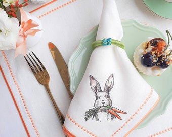 Bunny Cloth Napkin, Embroidered Easter Napkin, Easter Table Linen, Easter Bunny Cloth Serviette, Reusable Orange Napkin, Easter Linen Napkin