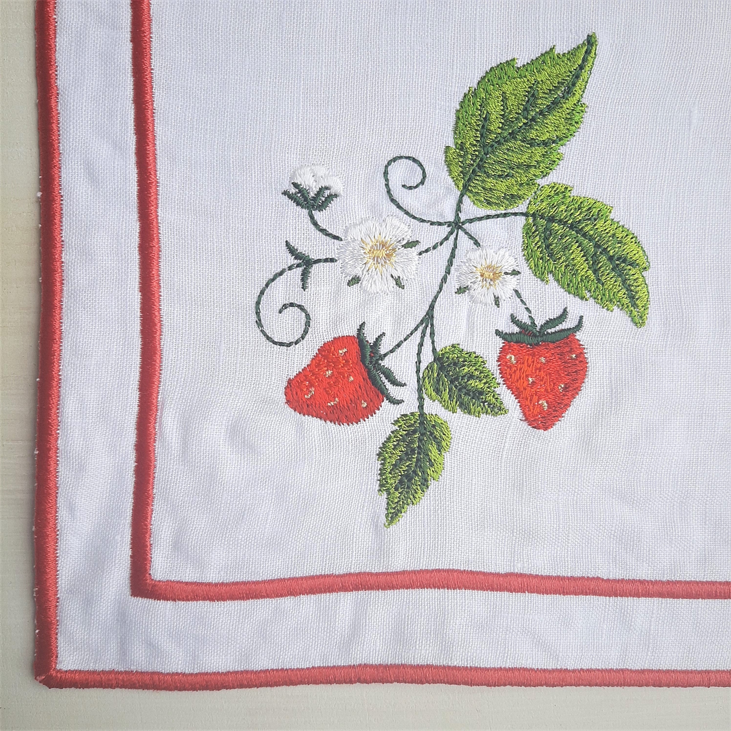 Strawberry Embroidered Napkin Set of 4 Red White Napkins