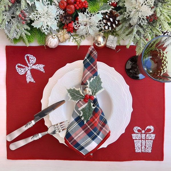 Gift Box Cloth Tablemat, Bowtie Fabric Placemat, Reusable Christmas Table Linen, Washable Red Xmas Placemat, Embroidered New Year Tablemat