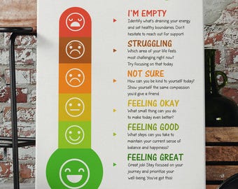 Könnte beinhalten: Ein weißer Poster mit einer bunten Thermometer-ähnlichen Skala, die verschiedene Emotionen und entsprechende Beschreibungen zeigt. Die Skala reicht von "Ich bin leer" bis "Fühle mich großartig".
