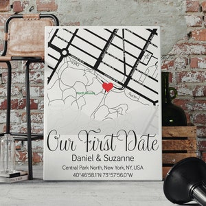 Our First Date Couple Love Map Print Canvas, First Kiss City Travel Map, Valentine Girlfriend Wedding Newlywed Bridal Shower Birthday Gift