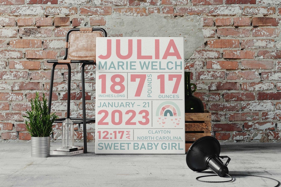 Custom Birth Announcement Canvas, Nursery Wall Art Print, Birth Stats ...