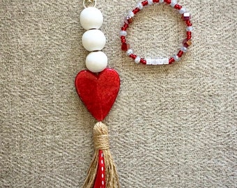 Heart Diffuser Clip Jute Tassel  Blessing Beads Purse Clip Keychain with Crystal Beaded Bracelet Gift set + FREE SHIPPING eligible