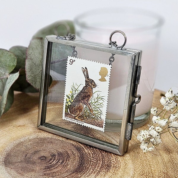 Wild Hare Stamp Decoration, Wildlife Art, Inspired By Nature, Tree Hanger Frame, Gift For Her, Rabbit Picture, Miniature Glass Frame