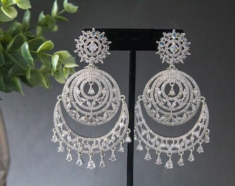 Diamond CZ Chaandbalis Indian Jewelry Statment Indian CZ Jewelry for Indian Pakistani Brides Cubic Zirconia Bollywood Earrings