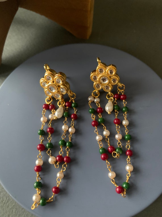 Traditional Kundan and Dark Green stones Chandbali Drop Earrings