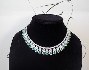 CZ Diamond Necklace Statement Necklace Set Indian Jewelry Set CZ Diamond Choker Set Indian Wedding Jewelry Indian Bridal Jewelry