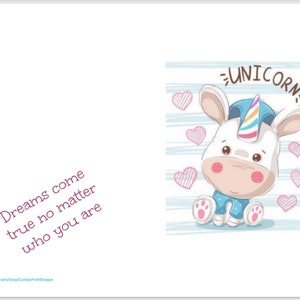 Dreams Come True Unicorn Tarjeta imprimible, Tarjeta de felicitación, Tarjeta de cumpleaños, Tarjeta de agradecimiento, Tarjeta de mensaje especial, Tarjeta en blanco