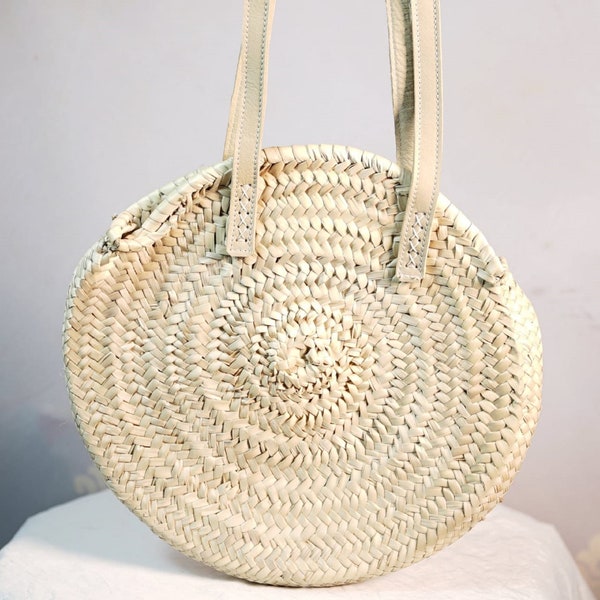 Round Straw Bag with Leather Straps