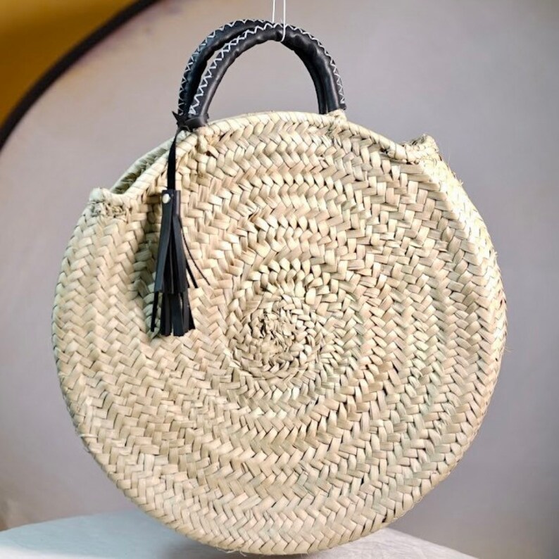 Moroccan Round Straw Bag Round Straw Bag With Leather Handles Etsy
