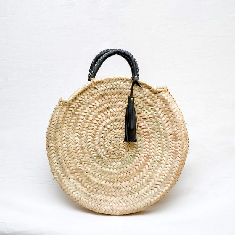 Moroccan Round Straw Bag Round Straw Bag With Leather Handles Etsy