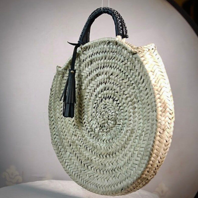 Moroccan Round Straw Bag Round Straw Bag With Leather Handles Etsy