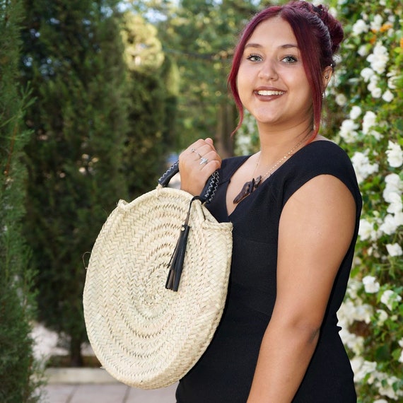 Round straw bag with leather handles new arrivals