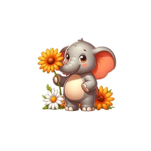 Könnte beinhalten: Cartoon-Illustration eines grauen Elefanten, der eine gelbe Sonnenblume hält. Der Elefant hat große Ohren mit rosa Innenseiten, braune Augen und einen lächelnden Ausdruck. Weiße und gelbe Gänseblümchen sind ebenfalls vorhanden.