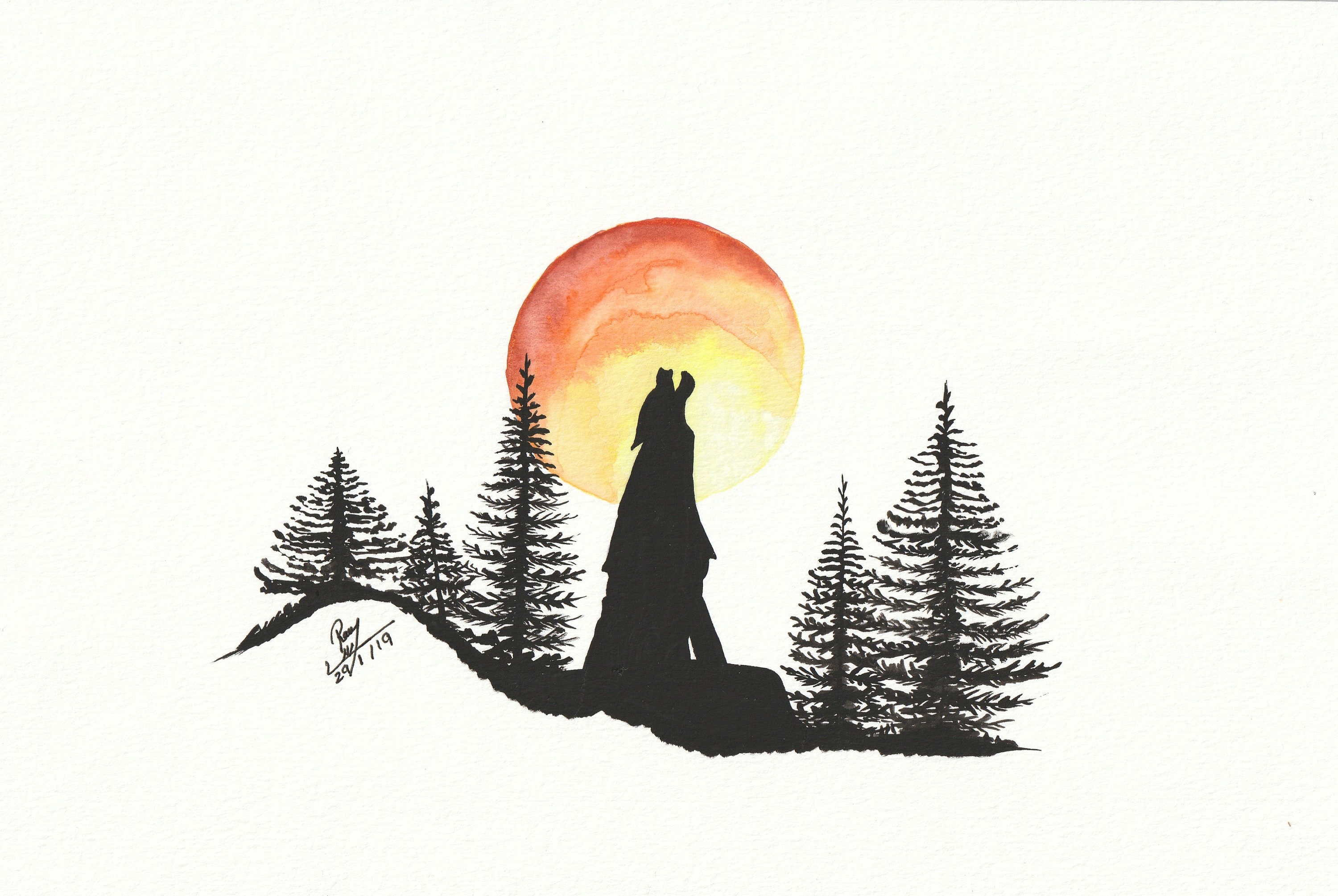 Original Wolf in The Woods Watercolour Painting, Animal, Wild, Illustration, Wall Decor, Landscape