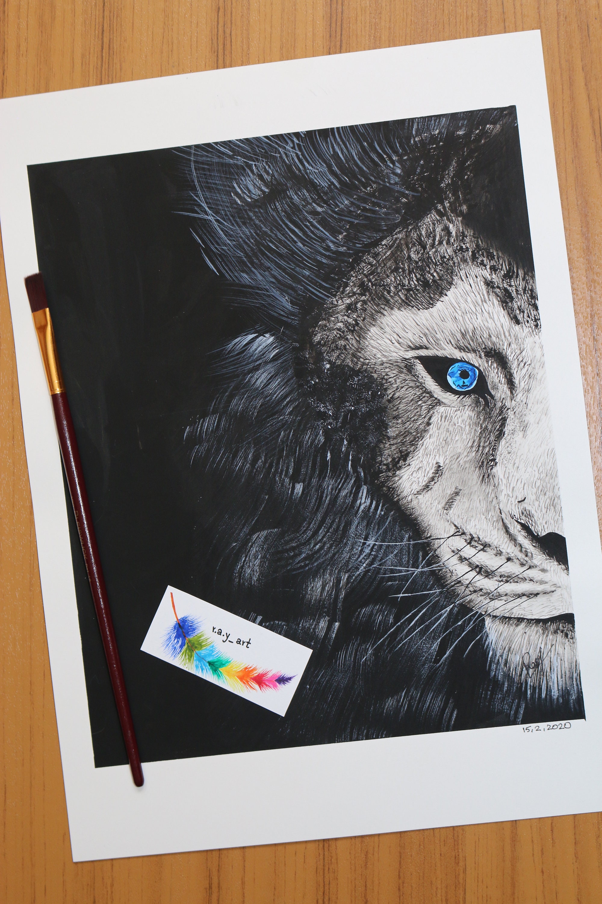 Original Black & White Lion With Blue Eyes Watercolour Illustration, Head, Background, Hair, Christm