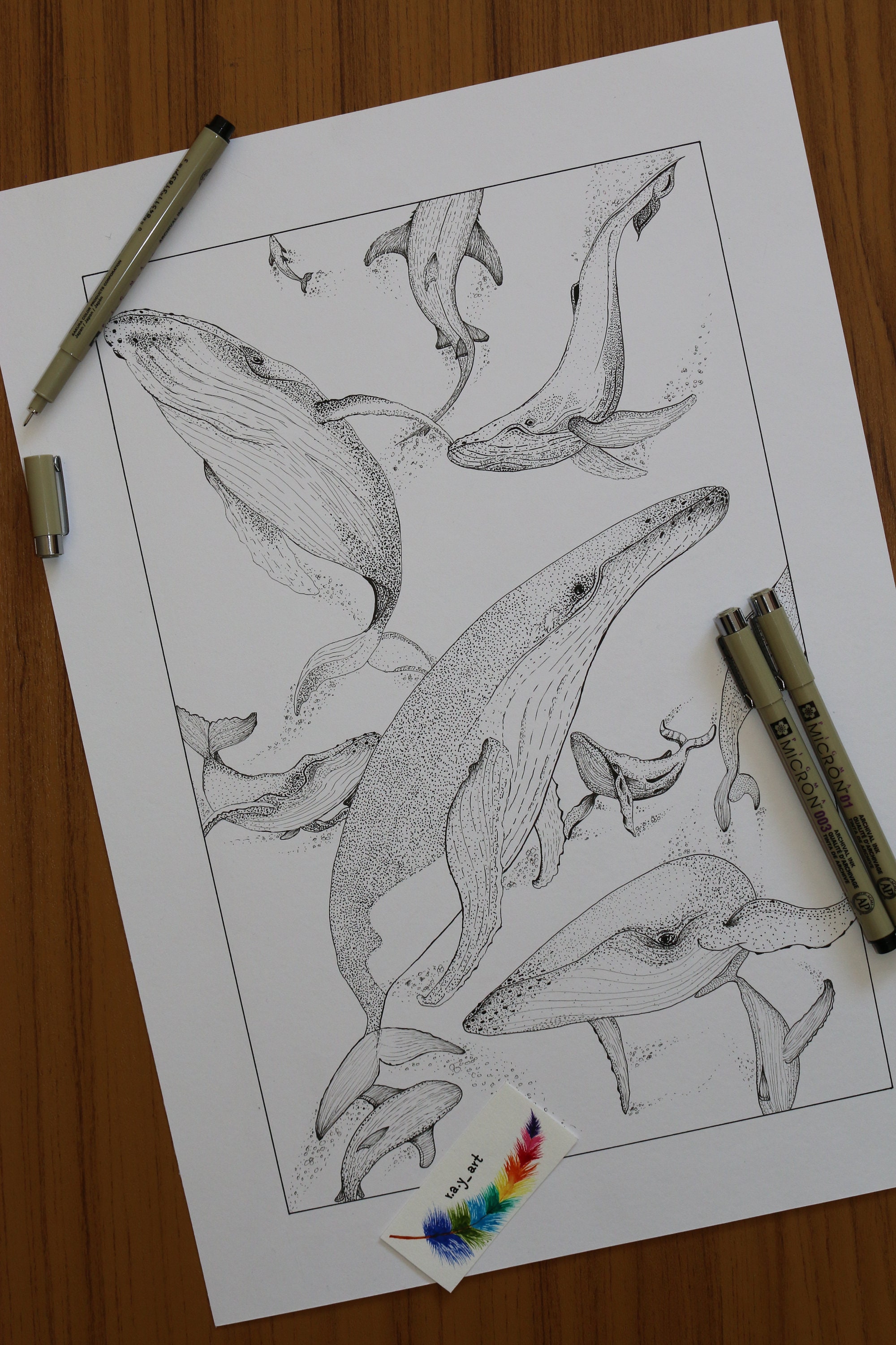 Original Dolphin Pen Painting With Line & Dotes, Illustration in The Water