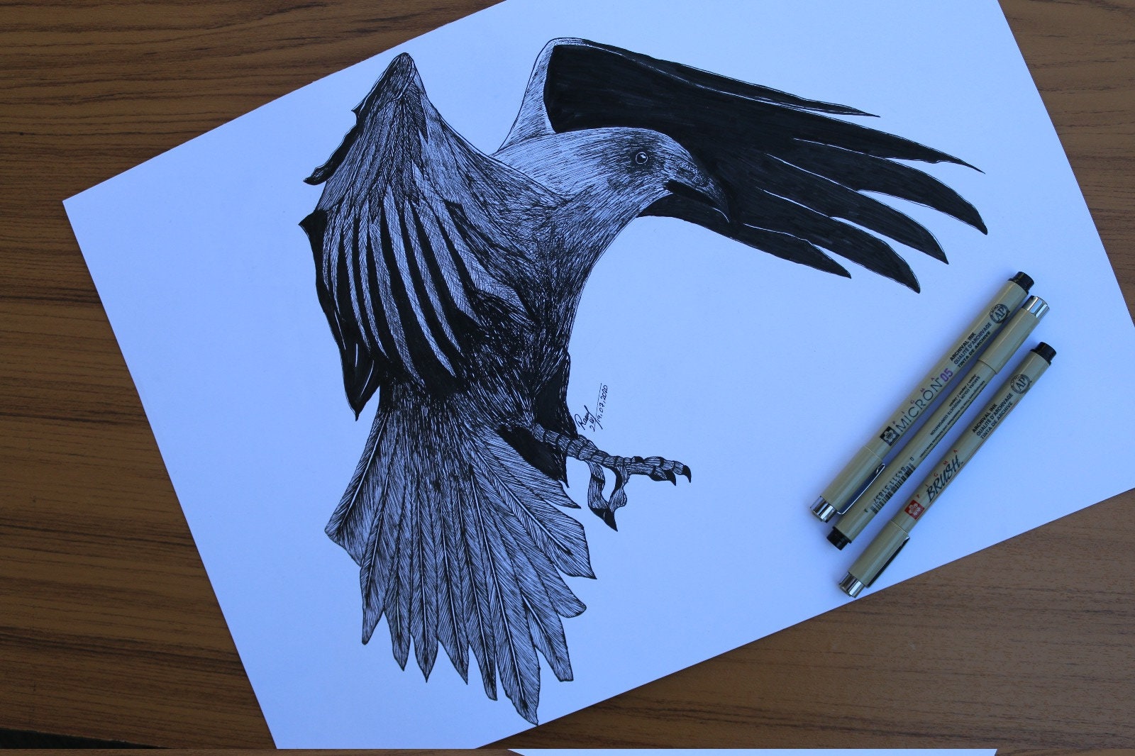 Original Crow Painting With Waterproof Black Pen, Animal, Wall Decor, Illustration