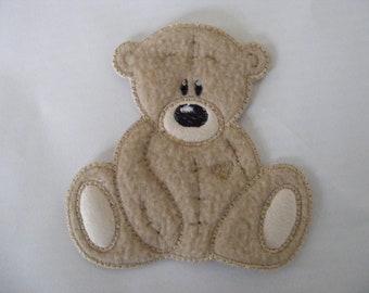 Handmade beige tatty teddy, machine embroidered iron/ sew on applique/patch/motif.