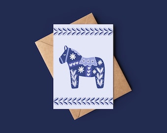 Dala horse scandi folk art greeting card blue