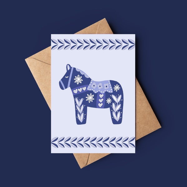 Dala cheval scandi carte de vœux d’art populaire bleu