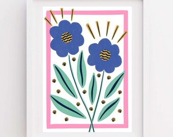 Colourful abstract botanical flower art print