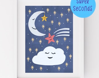 SUPER SECONDS FESTIVAL - Moon and stars nursery wall art in A3 / A4 / A5 (discontinued)