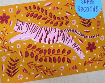 SUPER SECONDS FESTIVAL - A4 Tiger folk art yellow wall print (misprint)