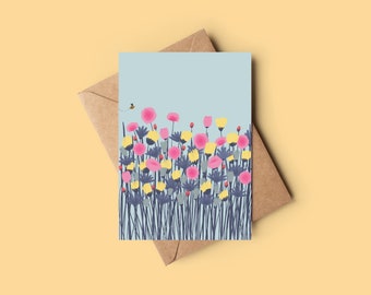 Blue bumblebee wildflowers card - any occasion card