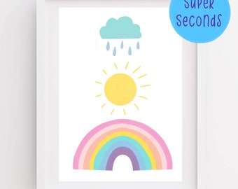 SUPER SECONDS FESTIVAL - Bright rainbow sun & clouds nursery wall art A3 / A4 / A5 (discontinued)