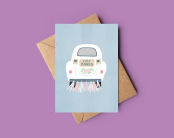 Just Married wedding car pastel illustrated greeting card