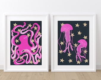 Pink Sea Creatures Jellyfish and Octopus Colourful Wall Art - Set of 2 Prints