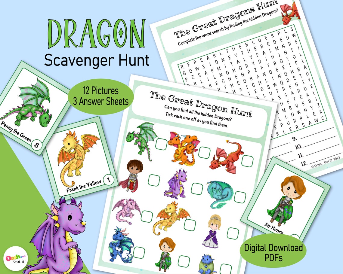 Dragon Picture Scavenger Hunt, a Printable Picture Matching Fantasy ...