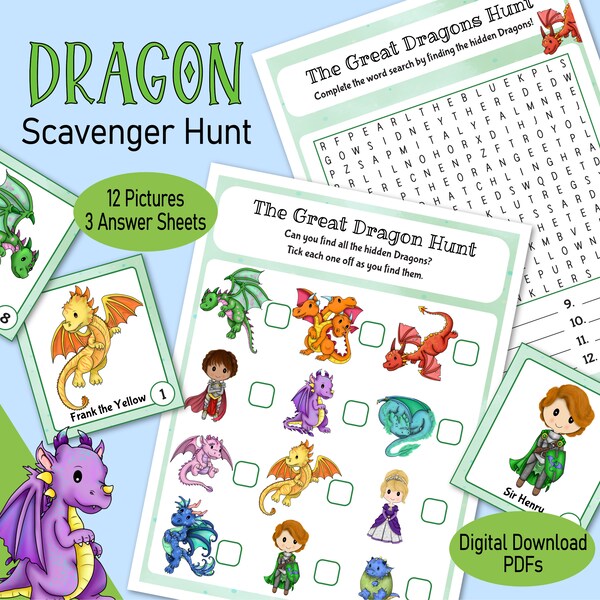 Dragon Picture Scavenger Hunt, a printable picture matching fantasy family game, for a boys birthday party, kids classroom or family game
