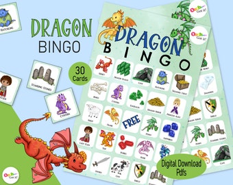 Dragons Bingo, 30 printable bingo cards, a fantasy dragon & medieval knight game, tween boys birthday, kids class party or renaissance fair