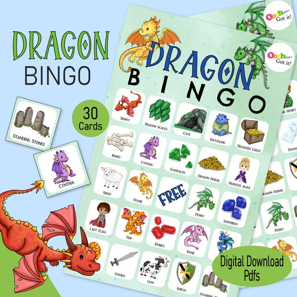 Dragons Bingo, 30 printable bingo cards, a fantasy dragon & medieval knight game, tween boys birthday, kids class party or renaissance fair