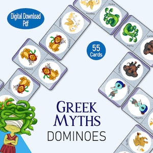 Può includere: Un set di 55 domino dei Miti Greci con illustrazioni colorate di creature mitiche come Medusa, Cerbero e la Chimera. I domino sono stampati su cartoncino resistente e sono perfetti per giocare a un gioco divertente ed educativo.